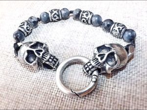 Skull Bracelet with Real Gemstones