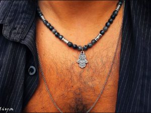 Men beaded necklace with labradorite gems and hamsa pendant